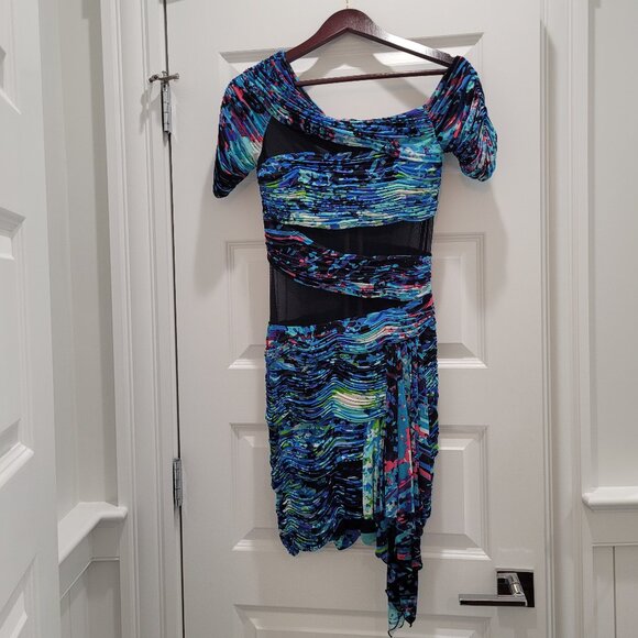 BCBG MAXAZRIA Runway Dress. Mesh Cutouts. Blue Abstract Bodycon. Size S. - Picture 4 of 16